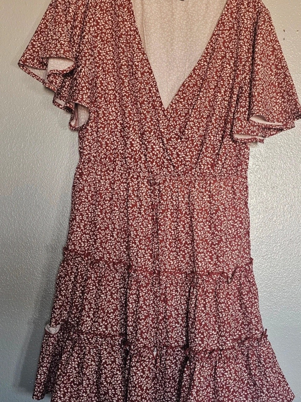 Shein Large Floral V-Neck Ruffle Midi Dress in Rust